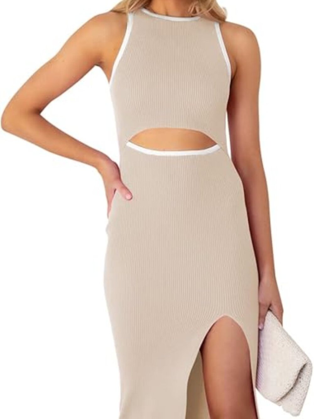 PINK QUEEN Midi Cutout Sleeveless Knit Dress, Mocha, Women's Size M